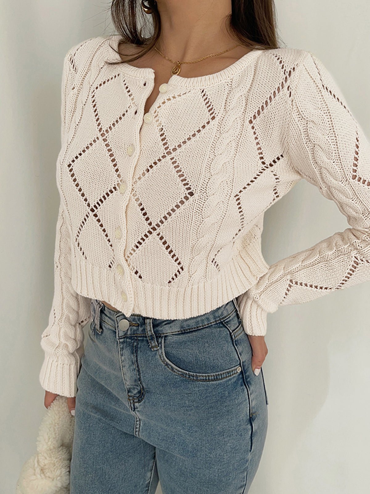 Women's Blouse with Diamond Eyelet Design – Relaxed Fit Button-Up Top - We are MFEO