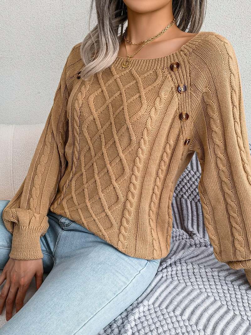 Women's Cable Knit Sweater with Button Trim – Square Neckline - We are MFEO