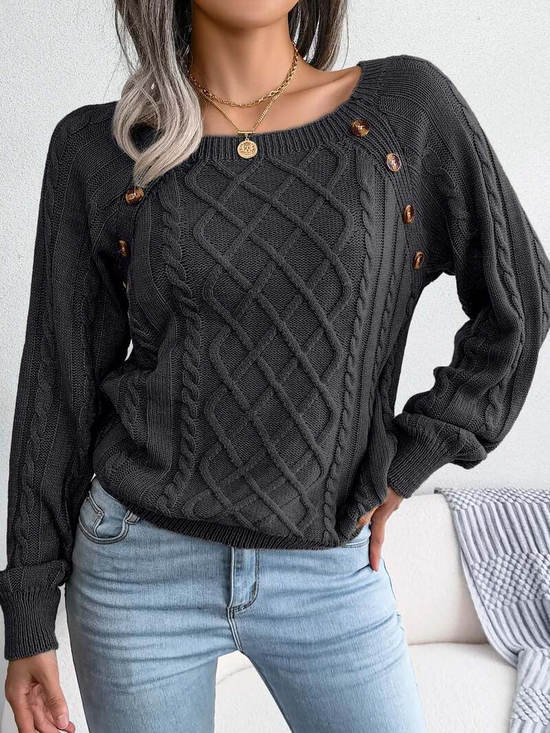Women's Cable Knit Sweater with Button Trim – Square Neckline - We are MFEO
