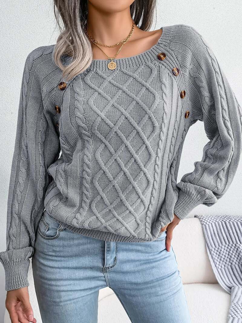 Women's Cable Knit Sweater with Button Trim – Square Neckline - We are MFEO
