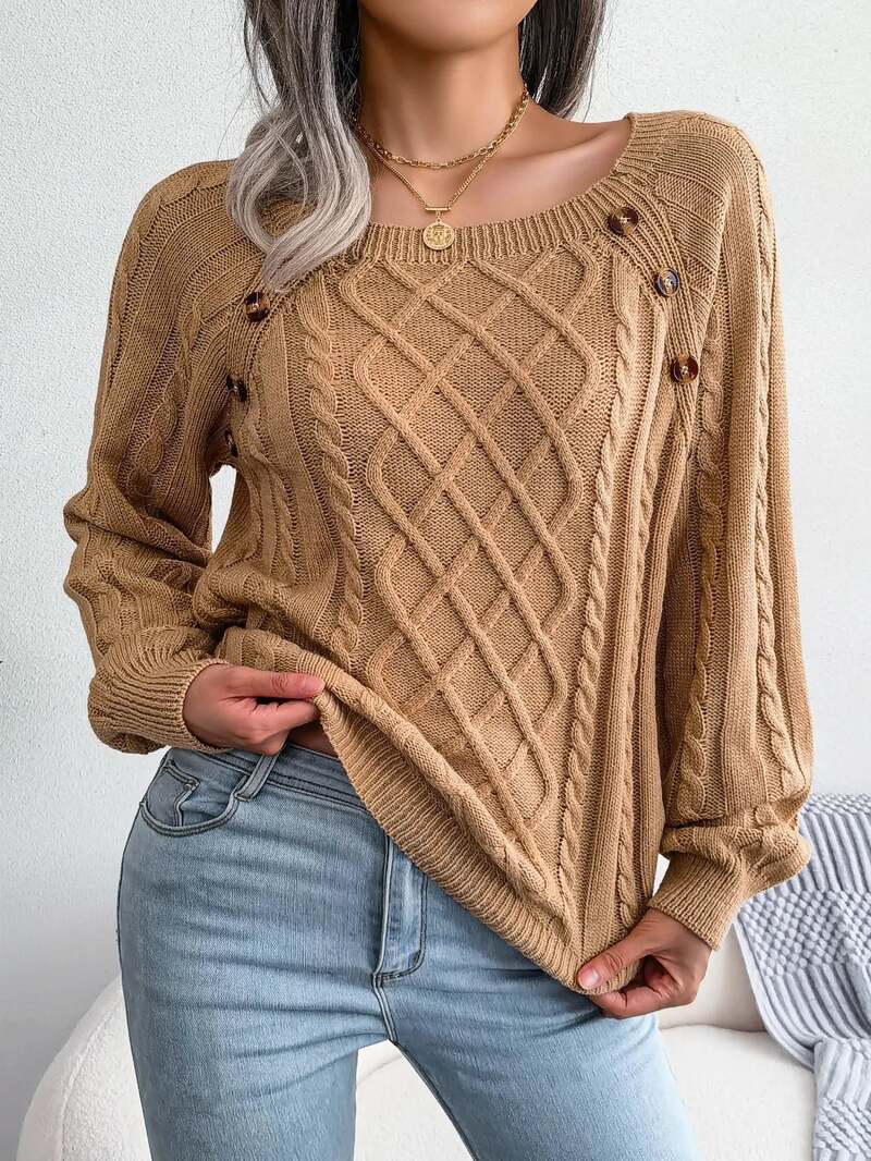 Women's Cable Knit Sweater with Button Trim – Square Neckline - We are MFEO