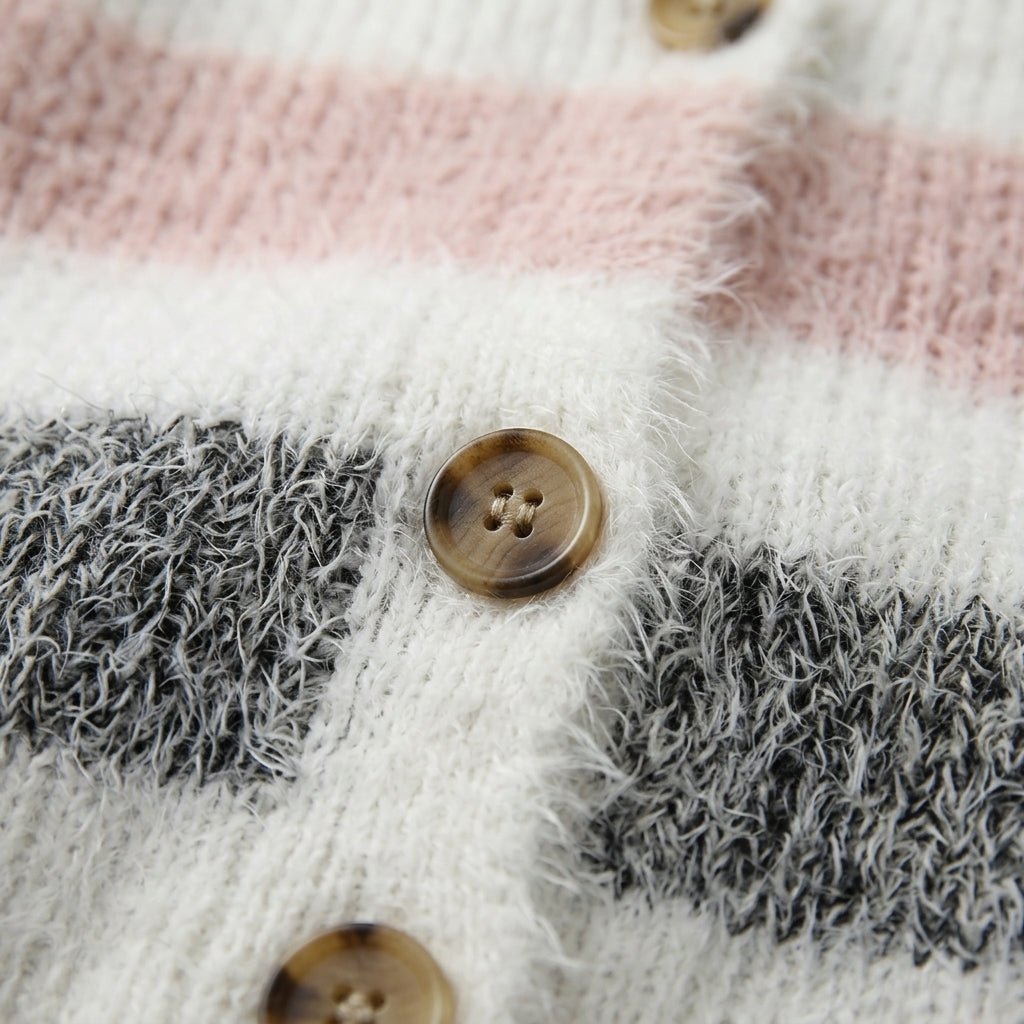 Women's Cardigan - Button-Up Knit Layer with Volume Sleeves and Colour Block Stripes - We are MFEO