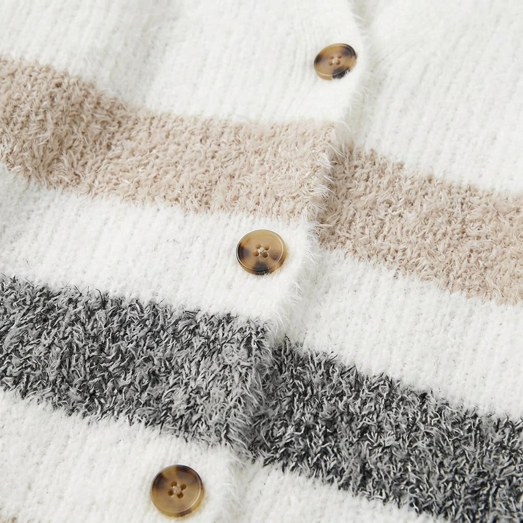 Women's Cardigan - Button-Up Knit Layer with Volume Sleeves and Colour Block Stripes - We are MFEO