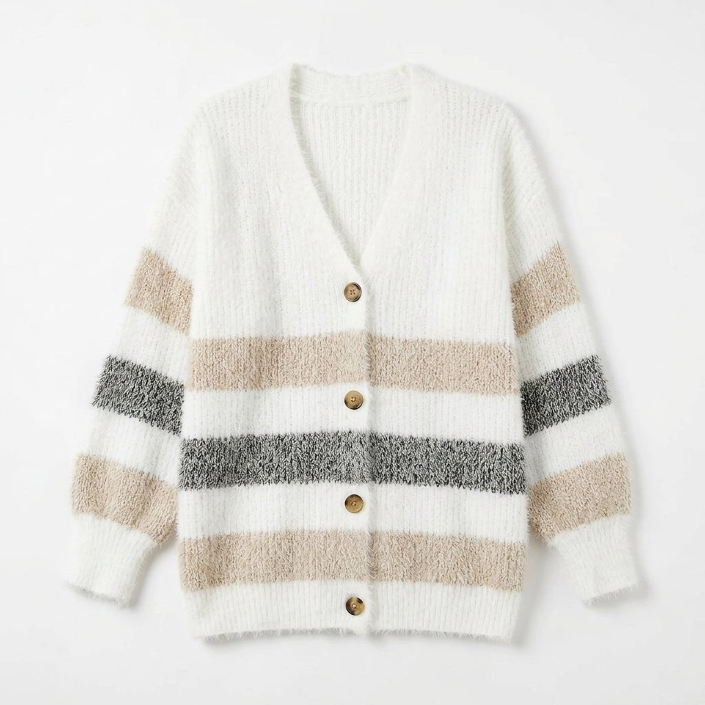 Women's Cardigan - Button-Up Knit Layer with Volume Sleeves and Colour Block Stripes - We are MFEO