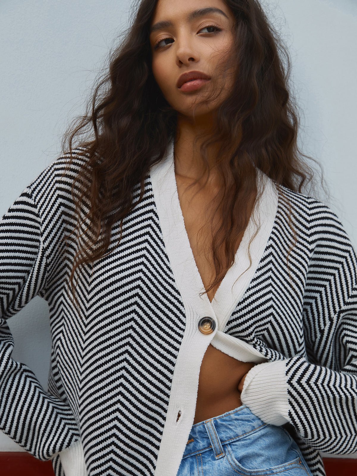 Women's Cardigan with Chevron Stripes – Relaxed Fit V-Neck Knit - We are MFEO
