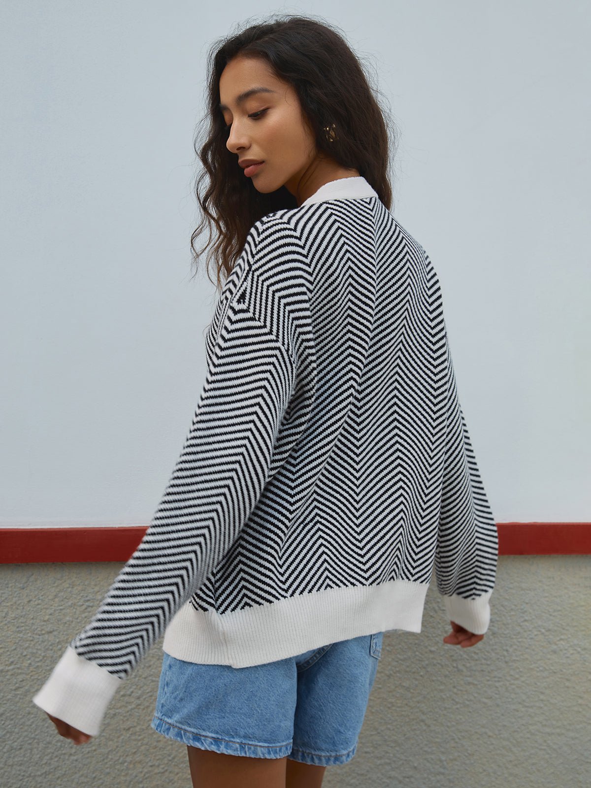 Women's Cardigan with Chevron Stripes – Relaxed Fit V-Neck Knit - We are MFEO