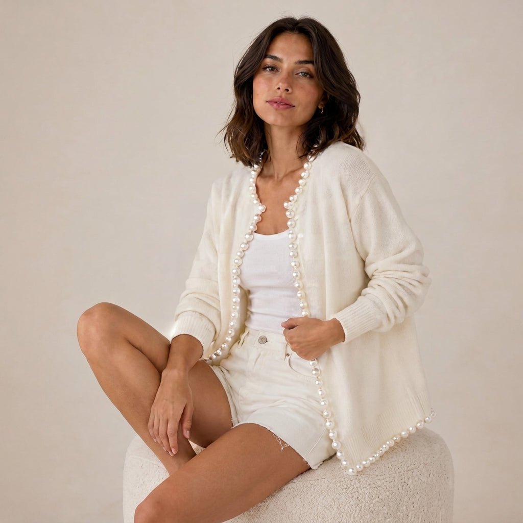Women's Cardigan with Pearl Trim – Regular Fit Knit Cardigan for Everyday Style - We are MFEO