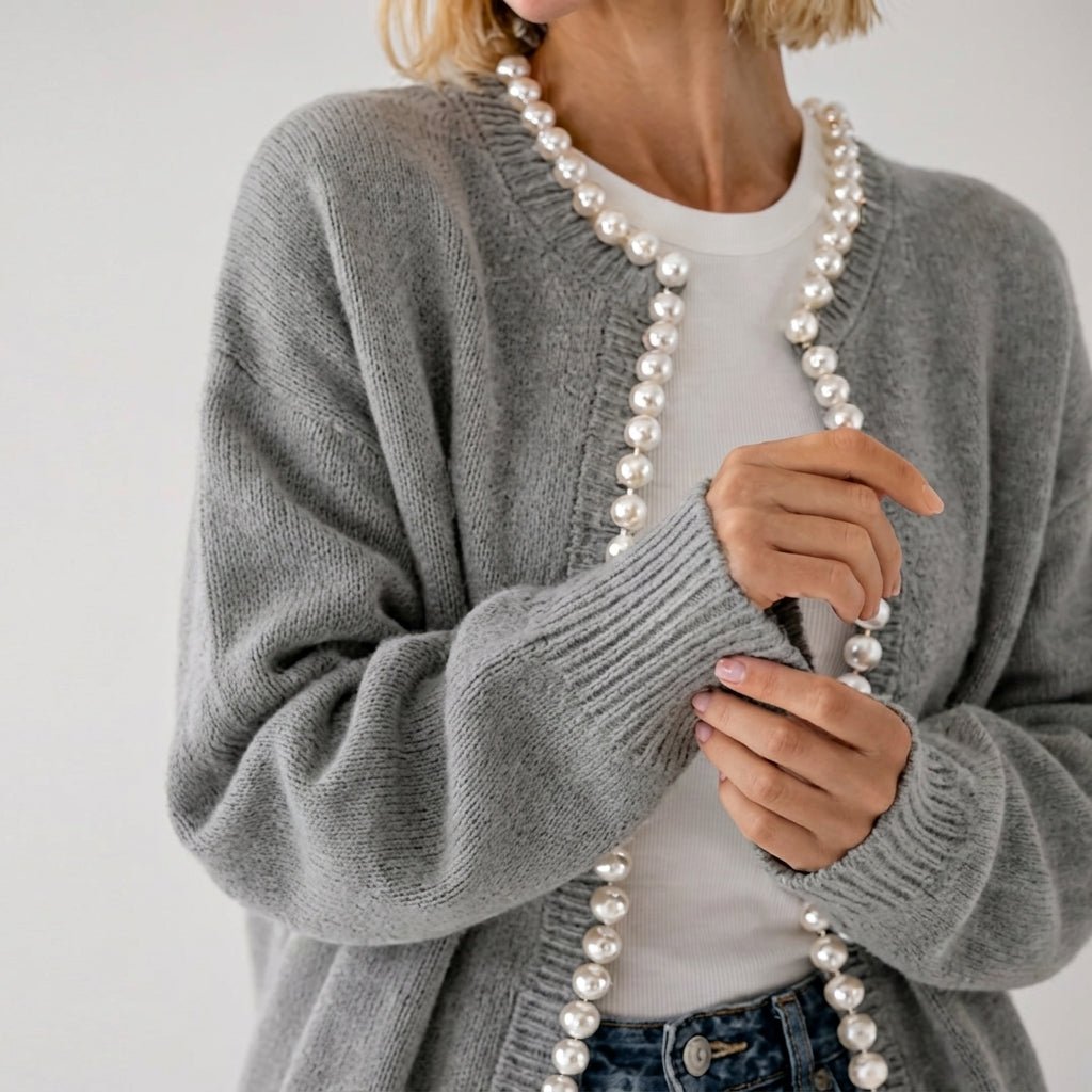 Women's Cardigan with Pearl Trim – Regular Fit Knit Cardigan for Everyday Style - We are MFEO