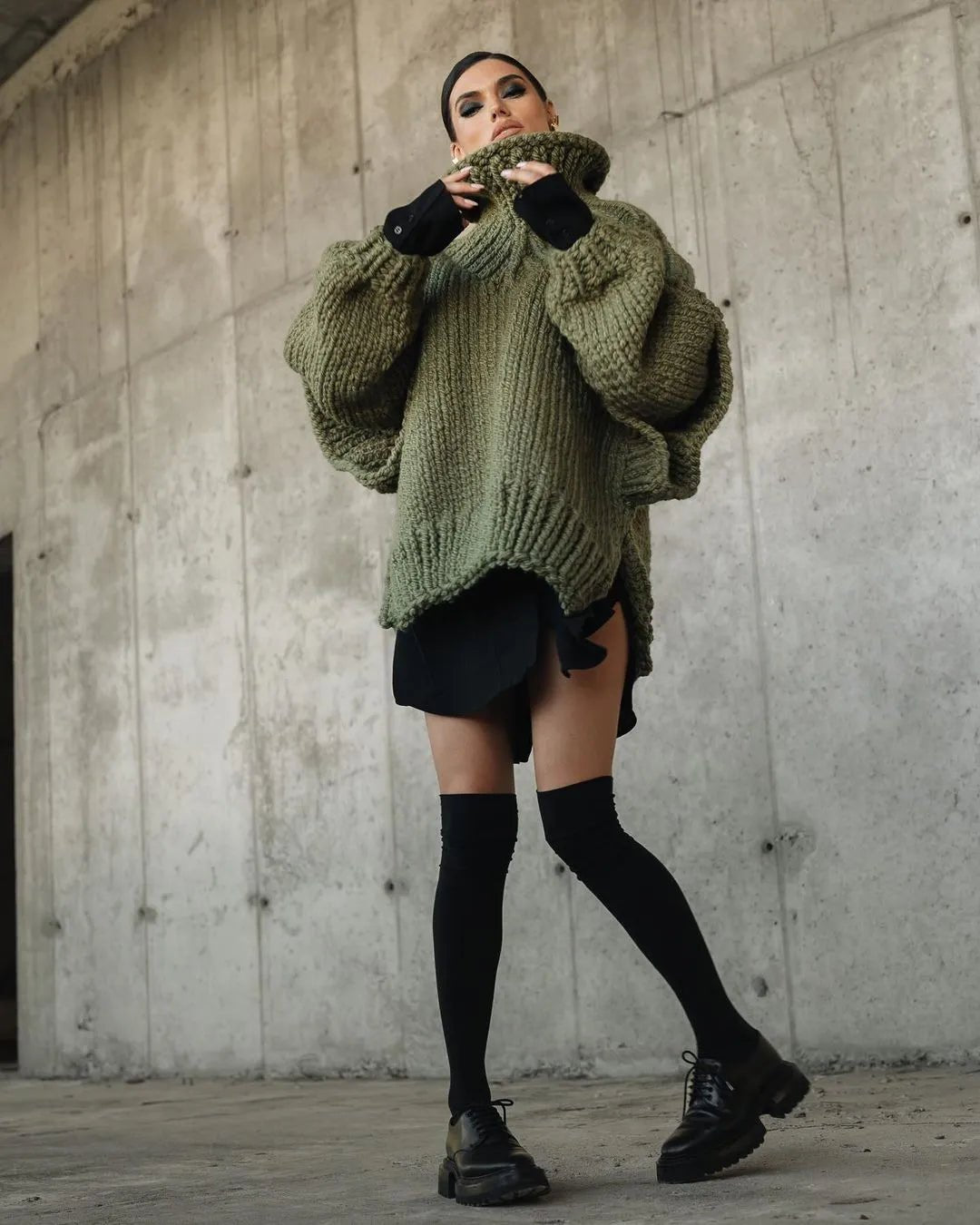Women's Chunky Knit Sweater Dress with Turtleneck – Mini Length - We are MFEO