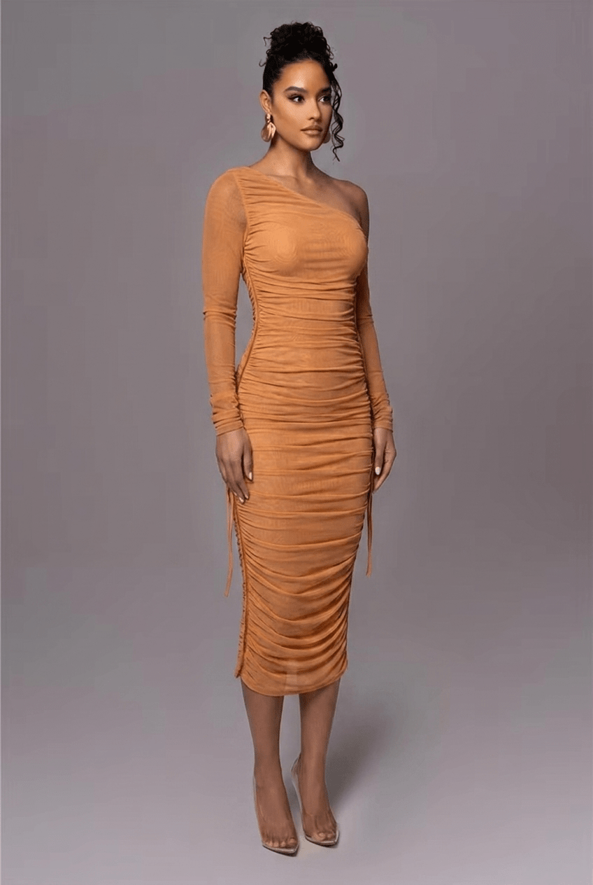 Women's Cocktail Dress – Ruched Midi with One Shoulder and Long Sleeves - We are MFEO