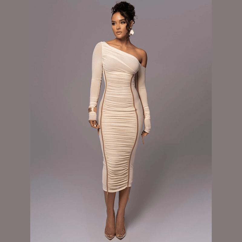 Women's Cocktail Dress – Ruched Midi with One Shoulder and Long Sleeves - We are MFEO