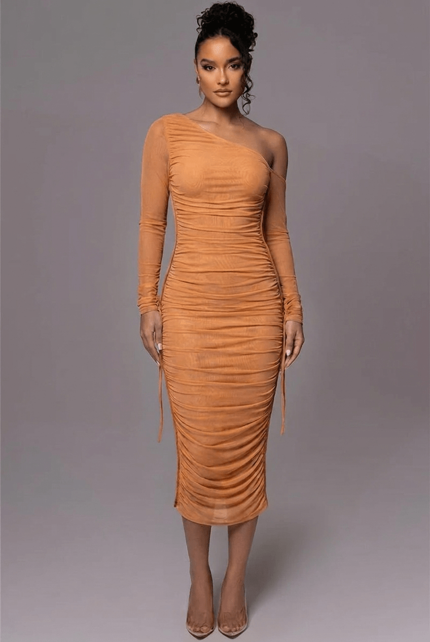 Women's Cocktail Dress – Ruched Midi with One Shoulder and Long Sleeves - We are MFEO