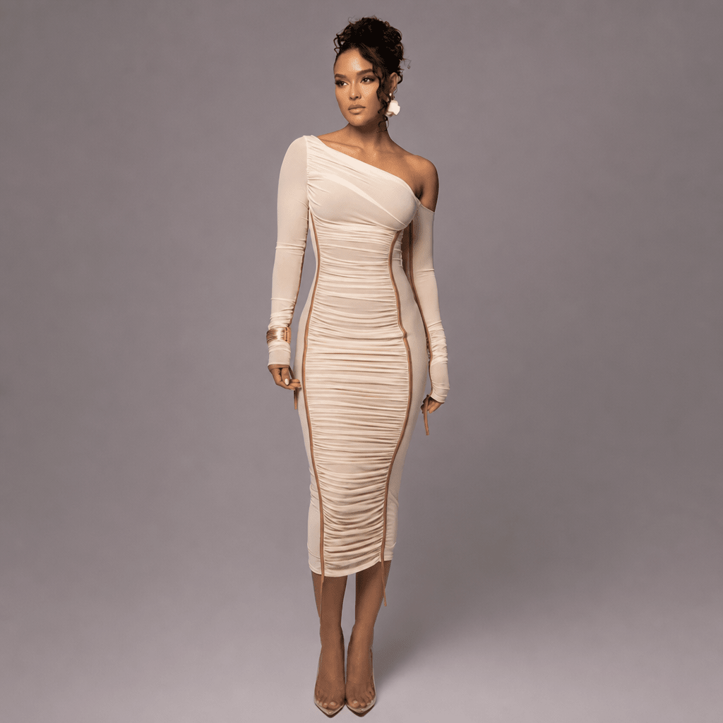 Women's Cocktail Dress – Ruched Midi with One Shoulder and Long Sleeves - We are MFEO