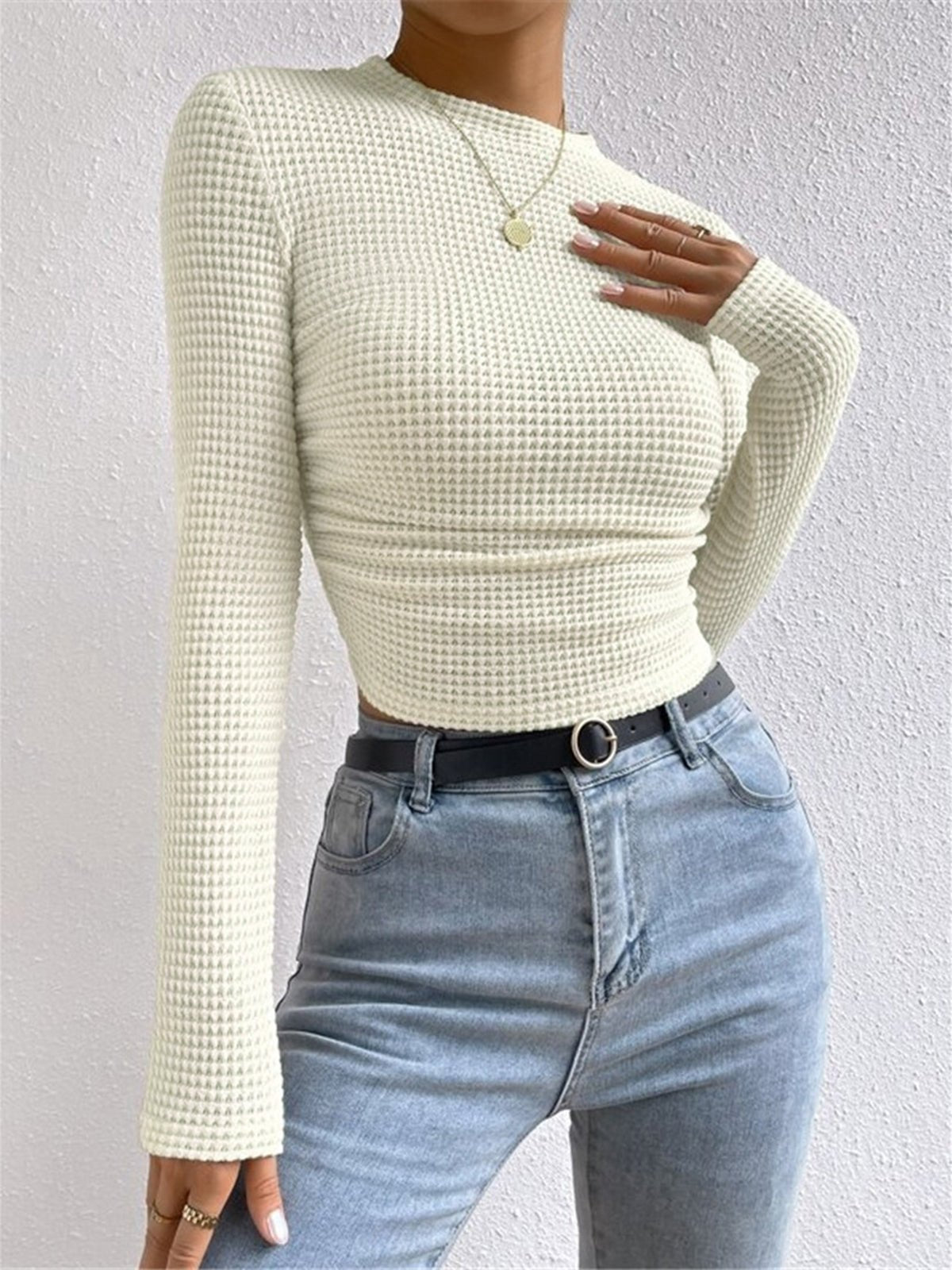 Women's Crop Top – Fitted Waffle Knit Long Sleeve - We are MFEO