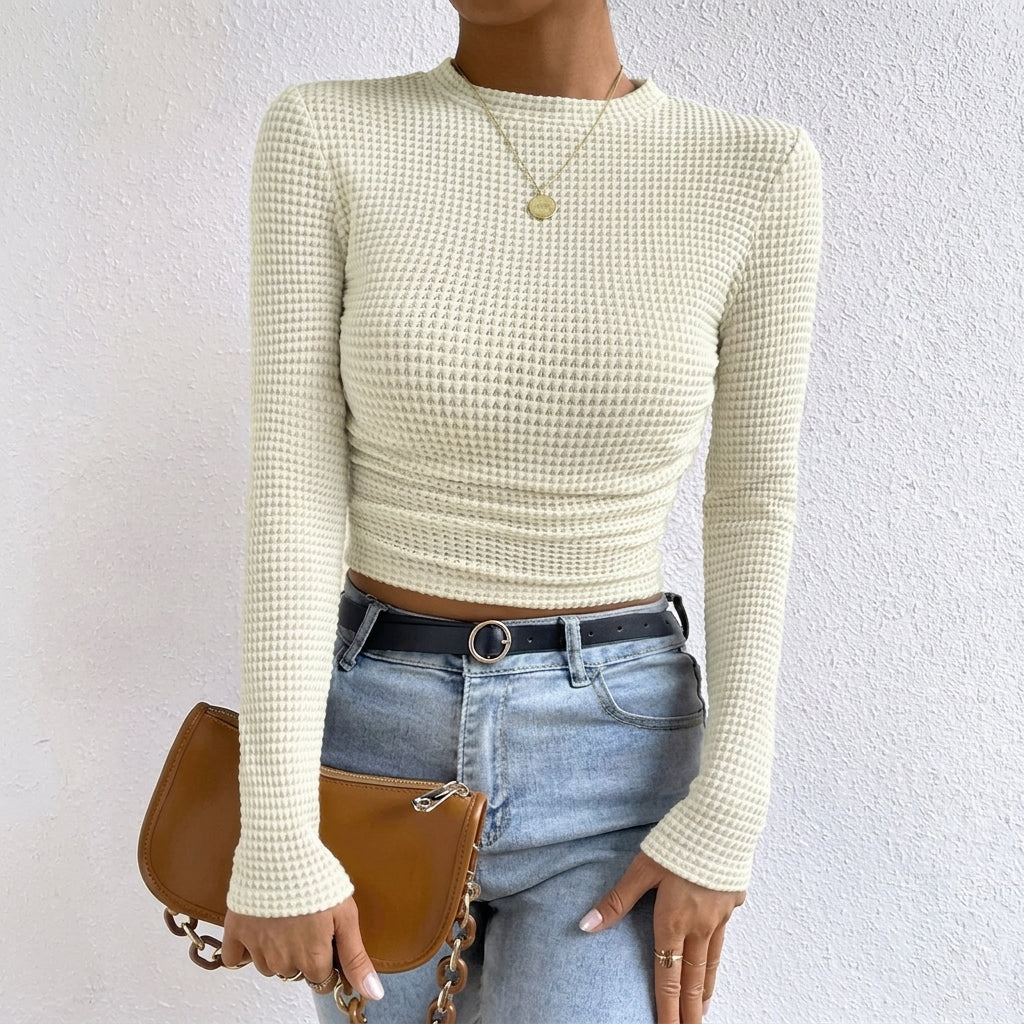 Women's Crop Top – Fitted Waffle Knit Long Sleeve 1