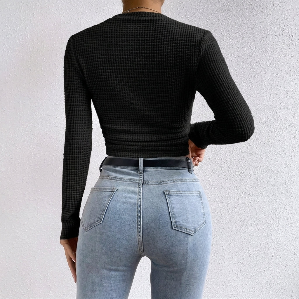 Women's Crop Top – Fitted Waffle Knit Long Sleeve 15