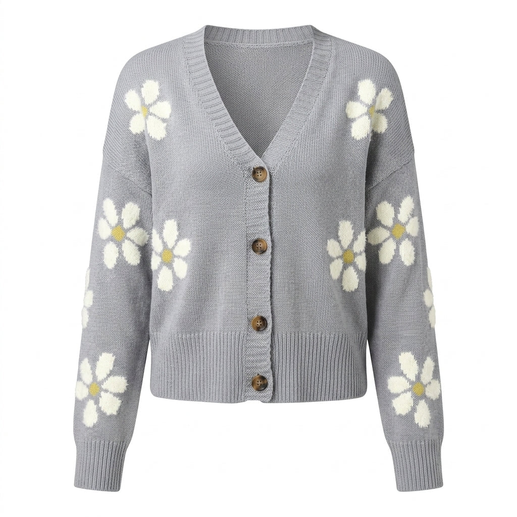 Women's Cropped Cardigan – Button-Up Knit with Floral Pattern - We are MFEO