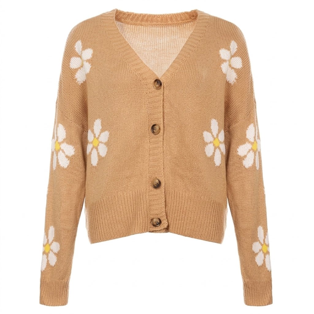 Women's Cropped Cardigan – Button-Up Knit with Floral Pattern - We are MFEO