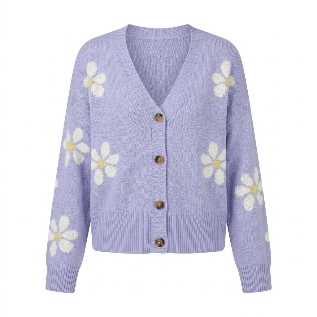 Women's Cropped Cardigan – Button-Up Knit with Floral Pattern - We are MFEO