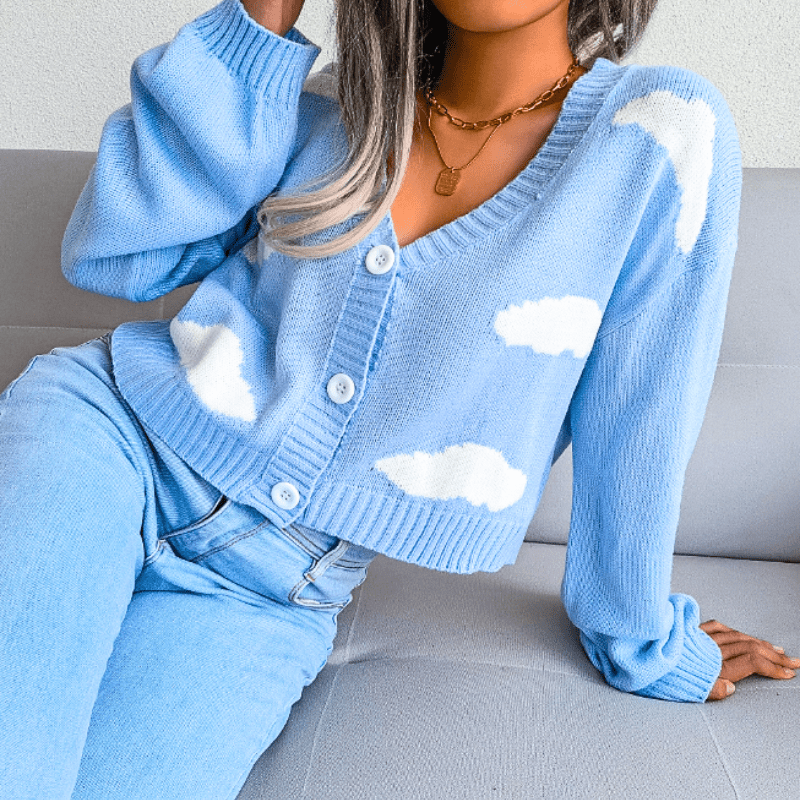 Women's Cropped Cardigan with Cloud Pattern – Button-Up V-Neck - We are MFEO