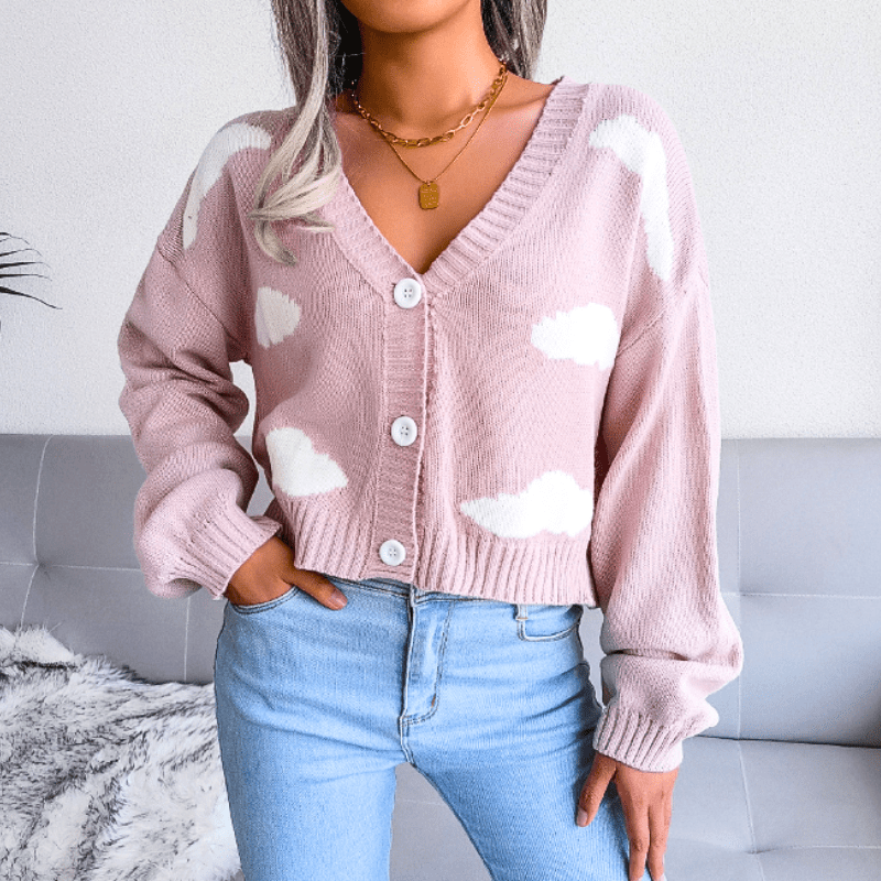 Women's Cropped Cardigan with Cloud Pattern – Button-Up V-Neck - We are MFEO