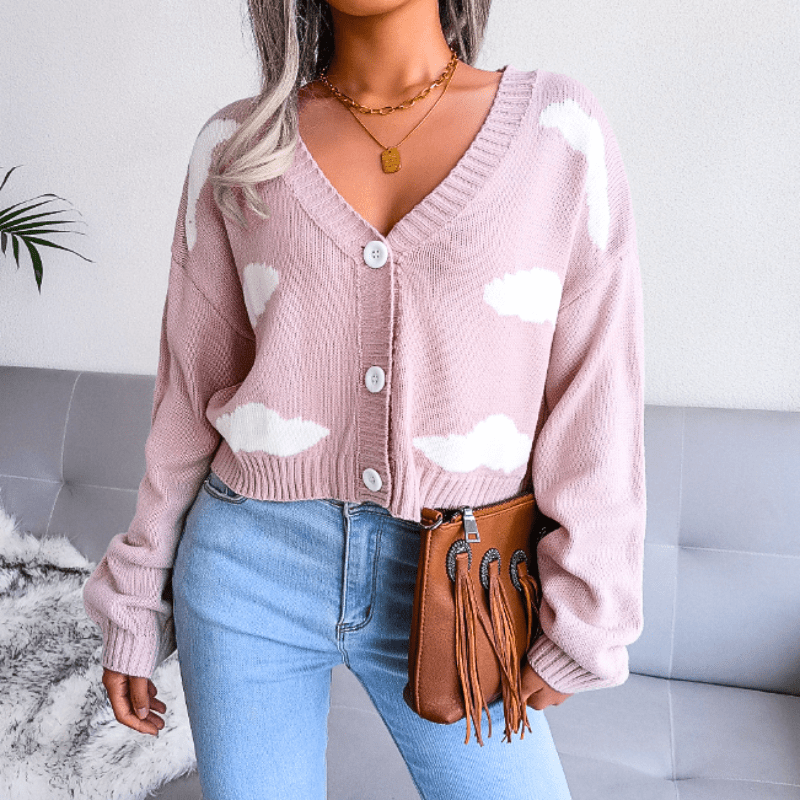 Women's Cropped Cardigan with Cloud Pattern – Button-Up V-Neck - We are MFEO