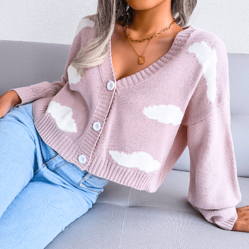 Women's Cropped Cardigan with Cloud Pattern – Button-Up V-Neck - We are MFEO