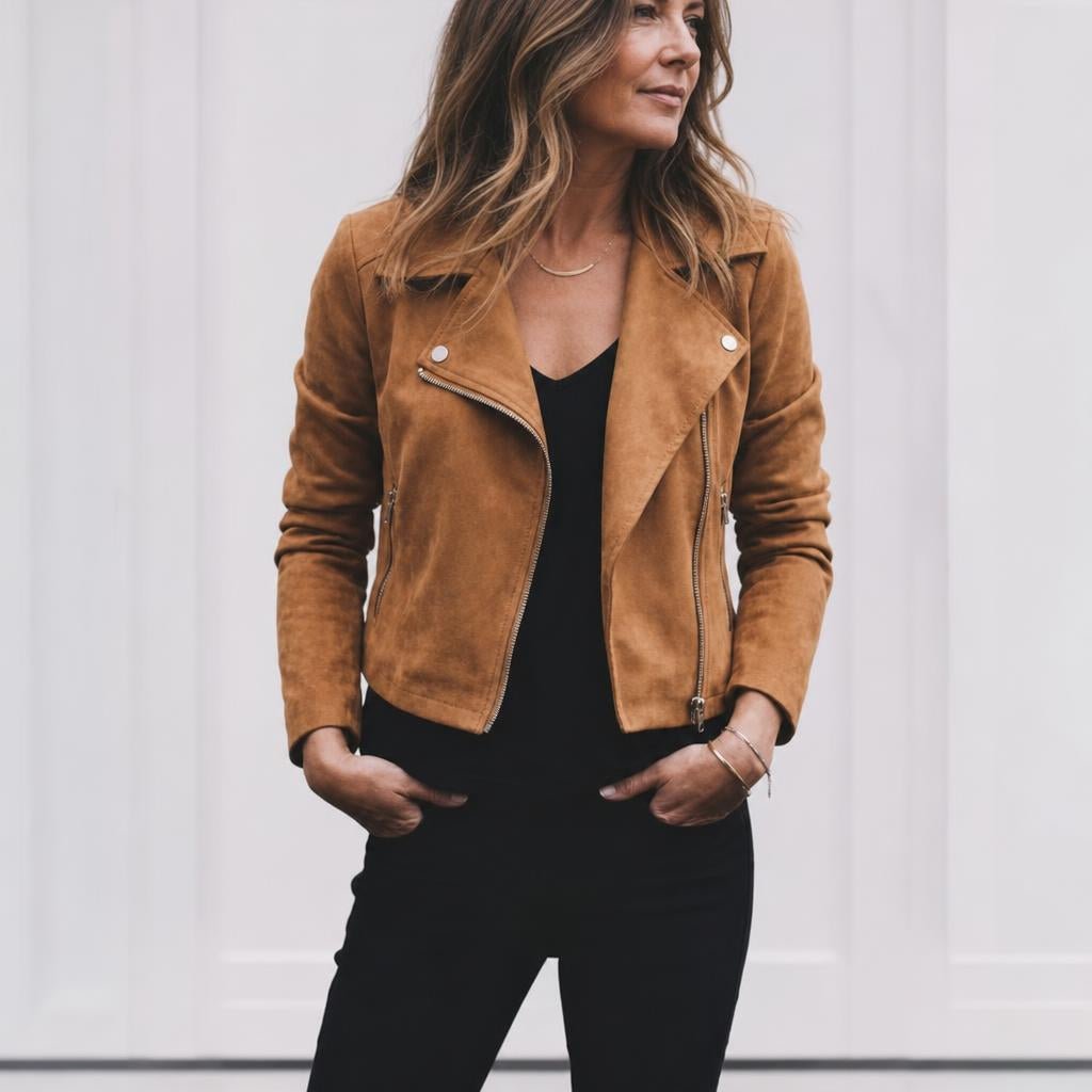 Women's Cropped Suede Jacket – Asymmetric Zip Front with Wide Lapel Collar - We are MFEO