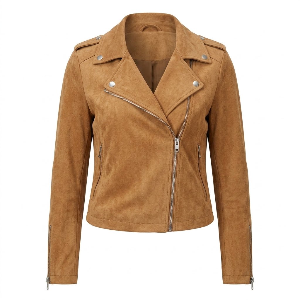 Women's Cropped Suede Jacket – Asymmetric Zip Front with Wide Lapel Collar - We are MFEO