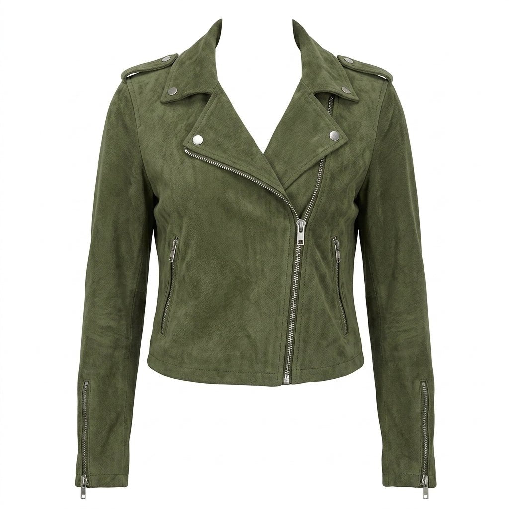 Women's Cropped Suede Jacket – Asymmetric Zip Front with Wide Lapel Collar - We are MFEO