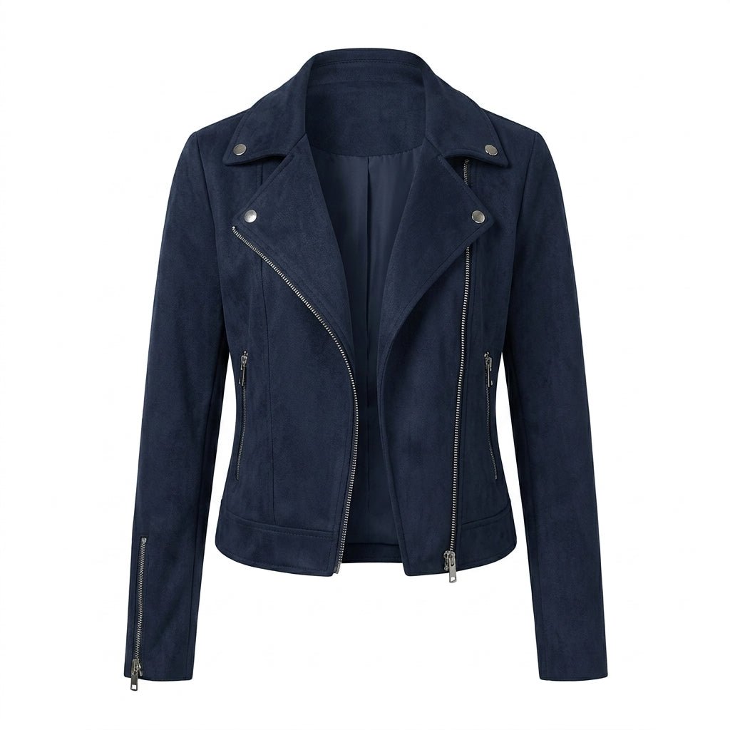 Women's Cropped Suede Jacket – Asymmetric Zip Front with Wide Lapel Collar - We are MFEO