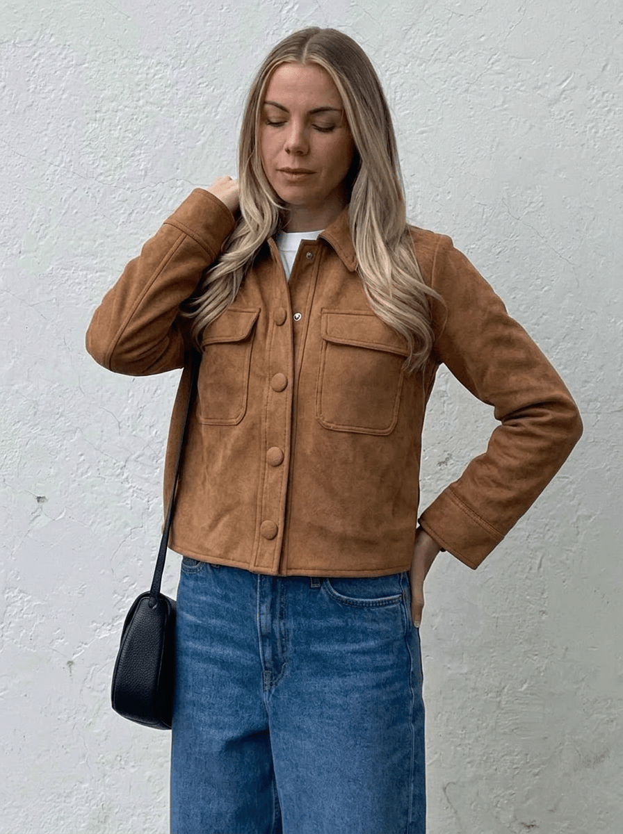 Women's Cropped Suede Jacket – Button Front, Collarless Design - We are MFEO