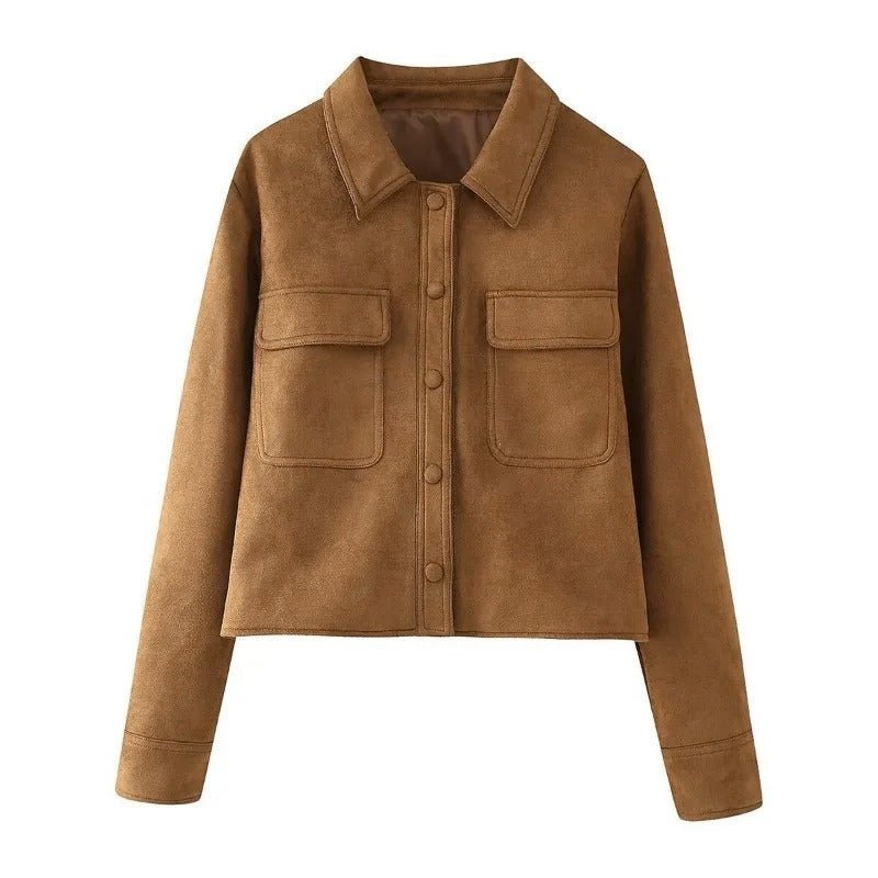 Women's Cropped Suede Jacket – Button Front, Collarless Design - We are MFEO