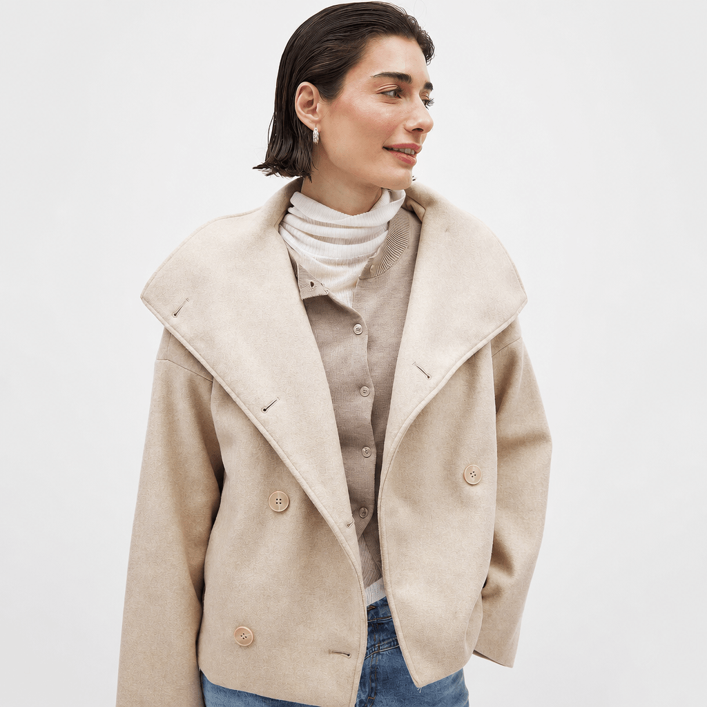 Women's Cropped Trench Coat – Oversized Fit with Wide Lapel and Double-Breasted Design - We are MFEO