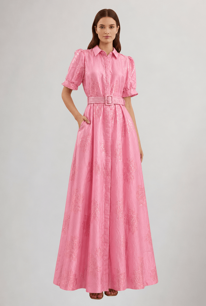 Women's Floral Maxi Dress – Belted Waist, Button Front, Floor-Length - We are MFEO