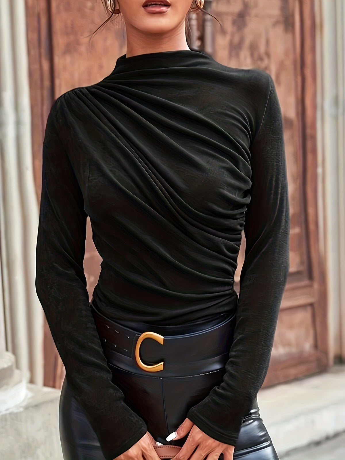 Women's Going Out Top – Long Sleeve with Diagonal Ruching and Mock Neck - We are MFEO