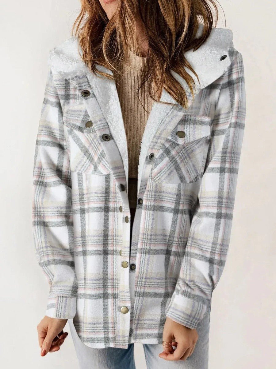 Women's Hooded Plaid Jacket – Cozy Design with Button Closure for Autumn - We are MFEO
