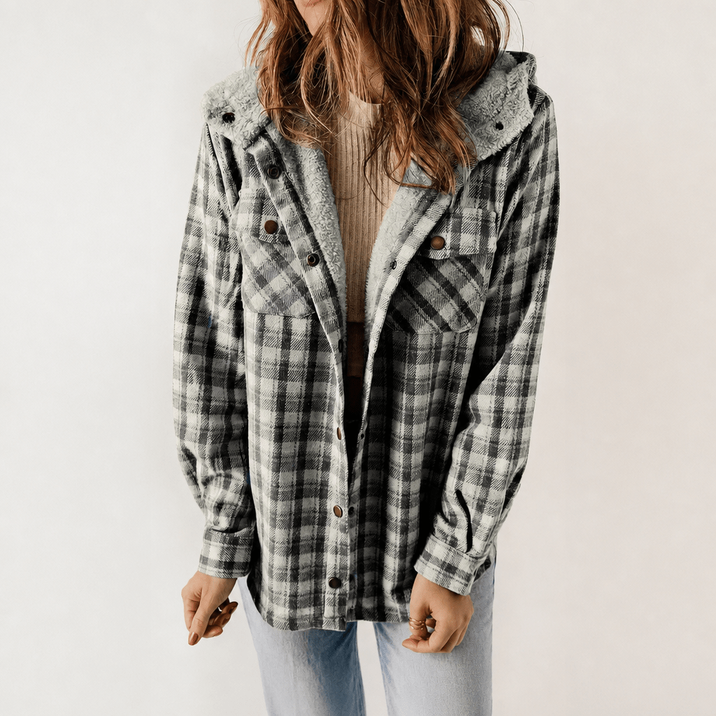 Women's Hooded Plaid Jacket – Cozy Design with Button Closure for Autumn - We are MFEO