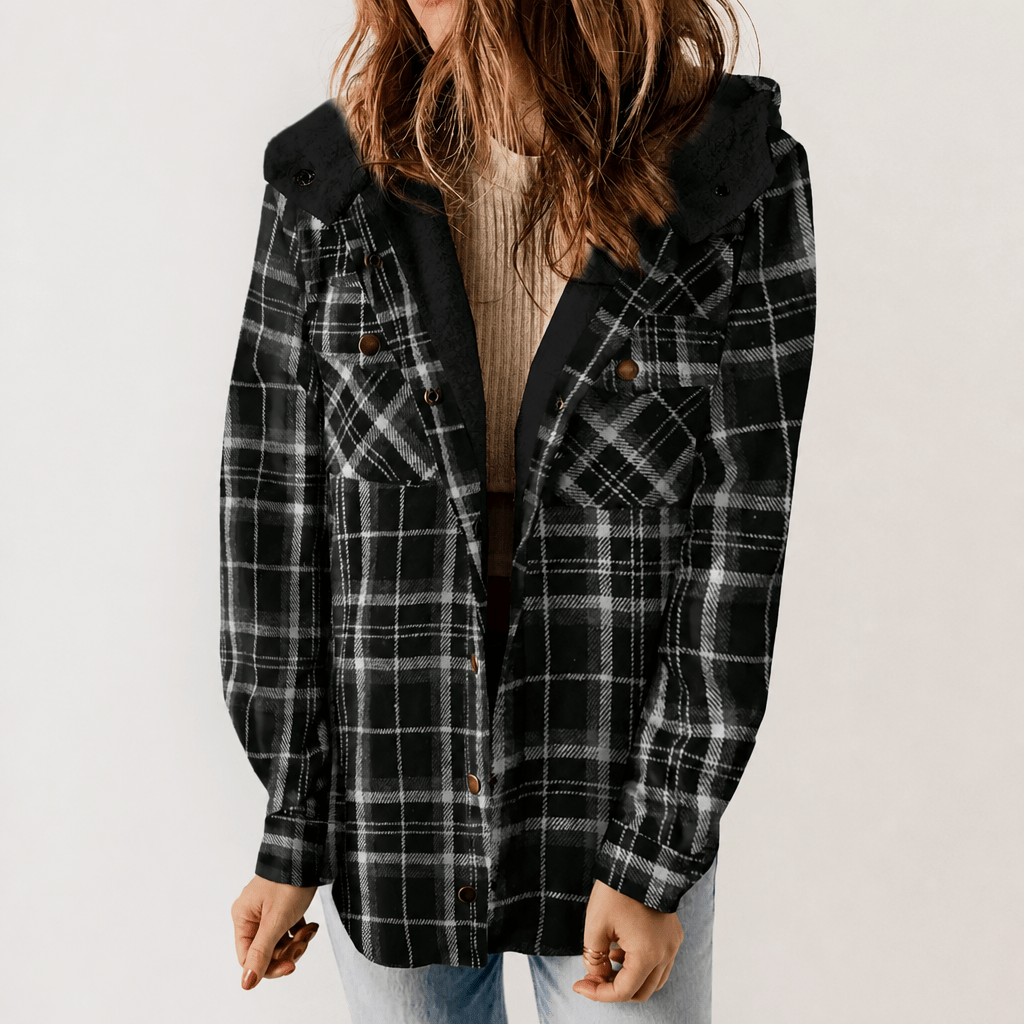 Women's Hooded Plaid Jacket – Cozy Design with Button Closure for Autumn - We are MFEO