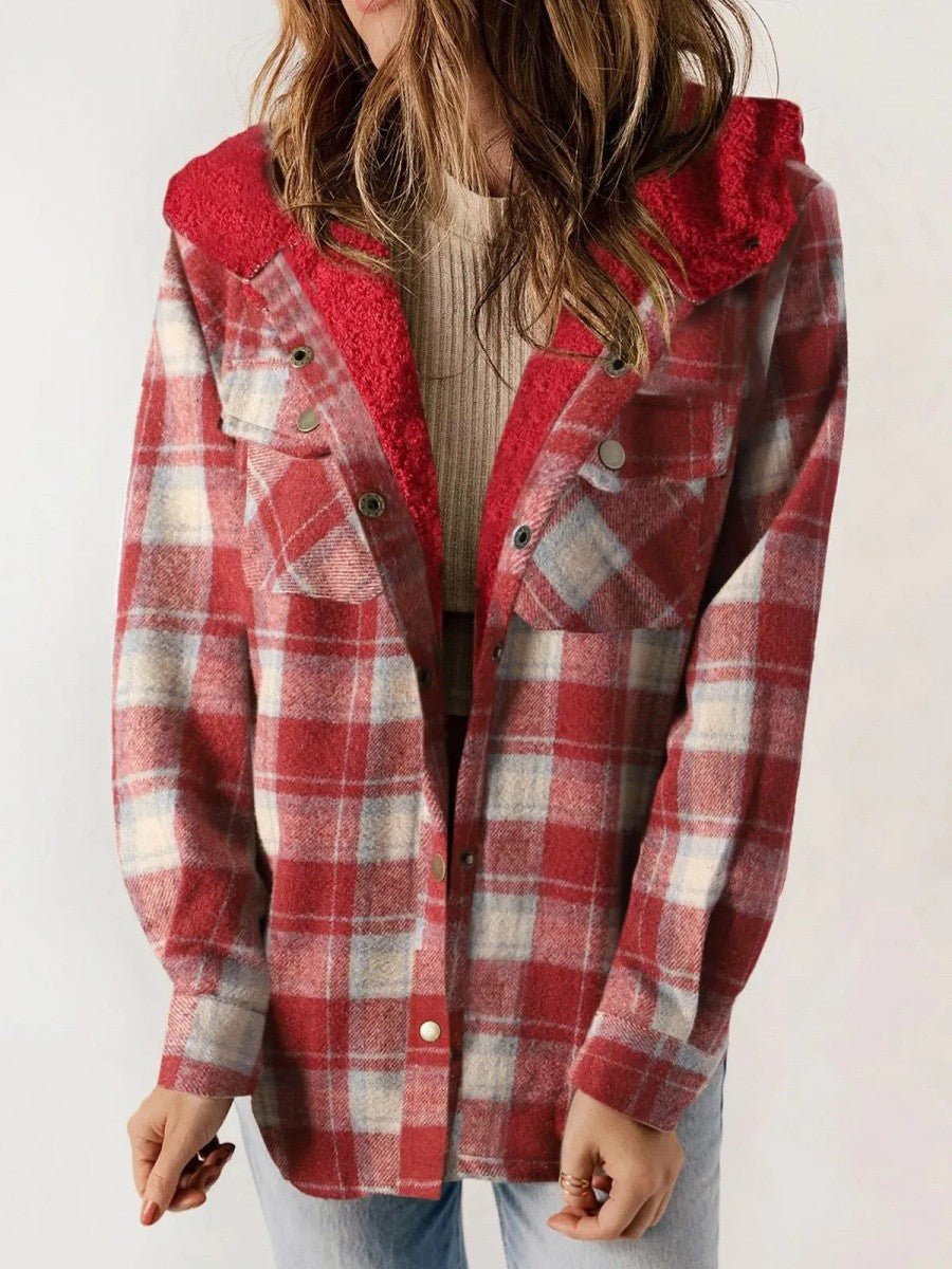 Women's Hooded Plaid Jacket – Cozy Design with Button Closure for Autumn - We are MFEO