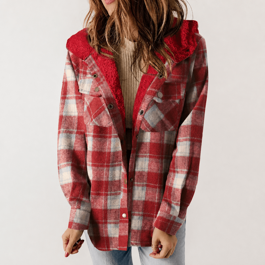 Women's Hooded Plaid Jacket – Cozy Design with Button Closure for Autumn - We are MFEO