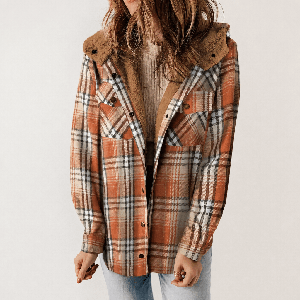Women's Hooded Plaid Jacket – Cozy Design with Button Closure for Autumn - We are MFEO