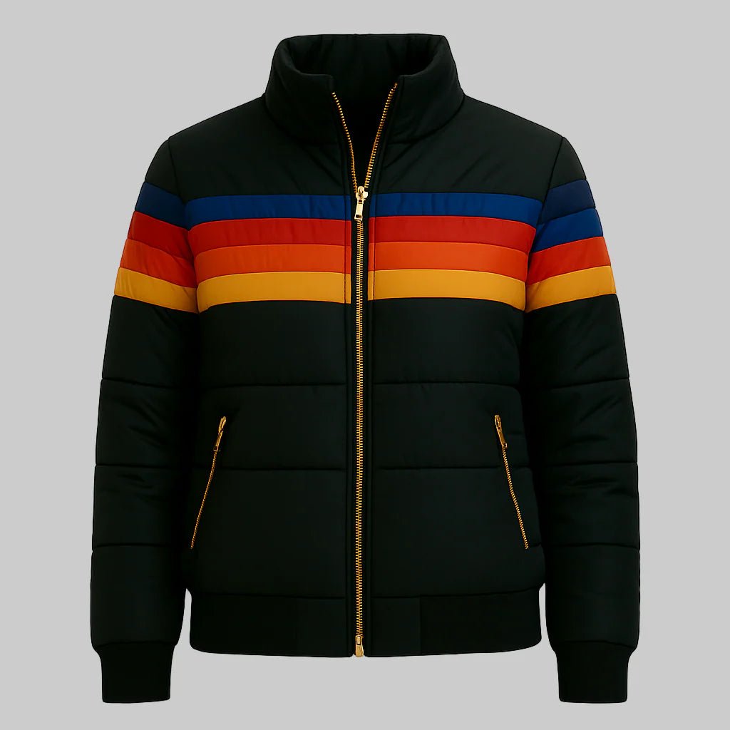 Women's Hooded Puffer Jacket – Retro Striped Design for Winter Casual Wear - We are MFEO