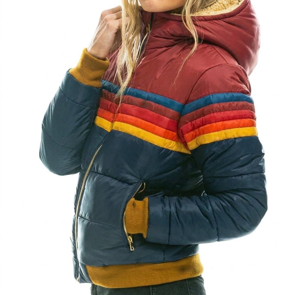 Women's Hooded Puffer Jacket – Retro Striped Design for Winter Casual Wear - We are MFEO