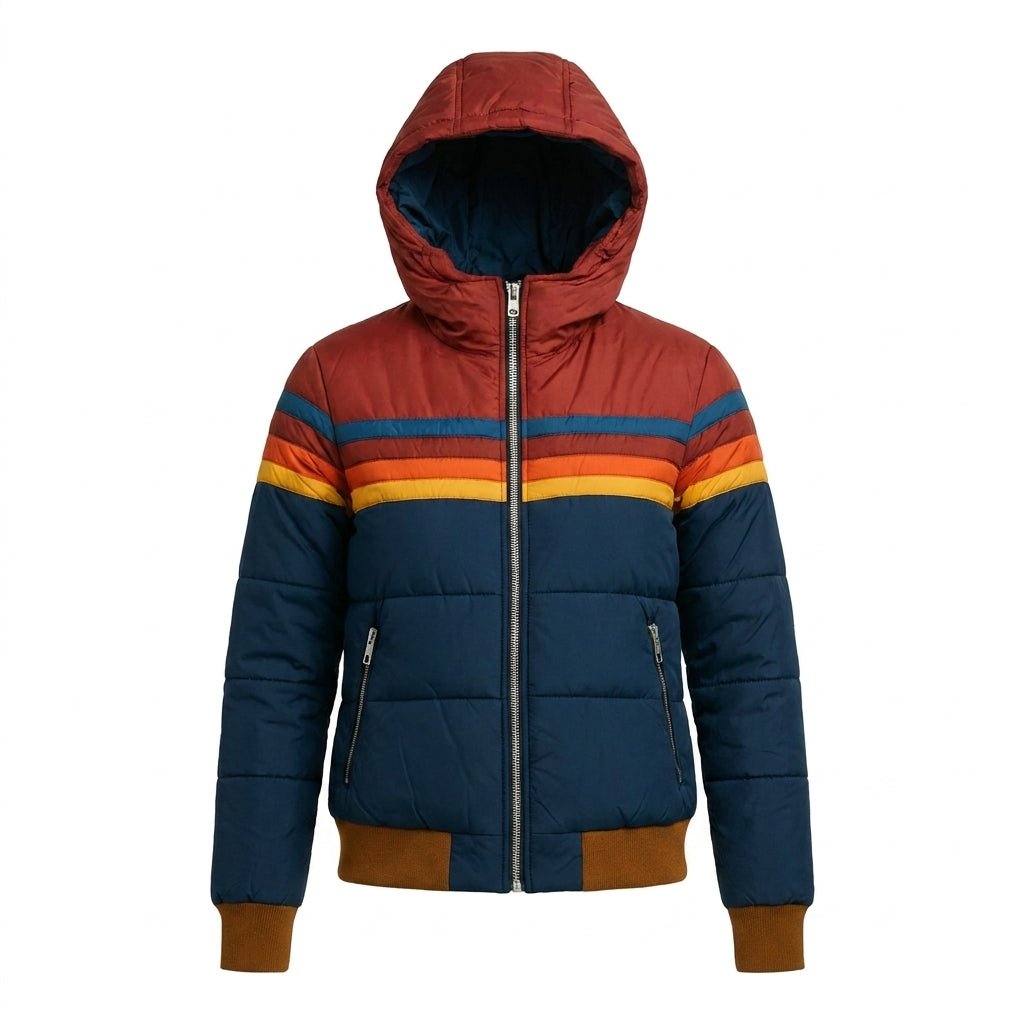 Women's Hooded Puffer Jacket – Retro Striped Design for Winter Casual Wear - We are MFEO