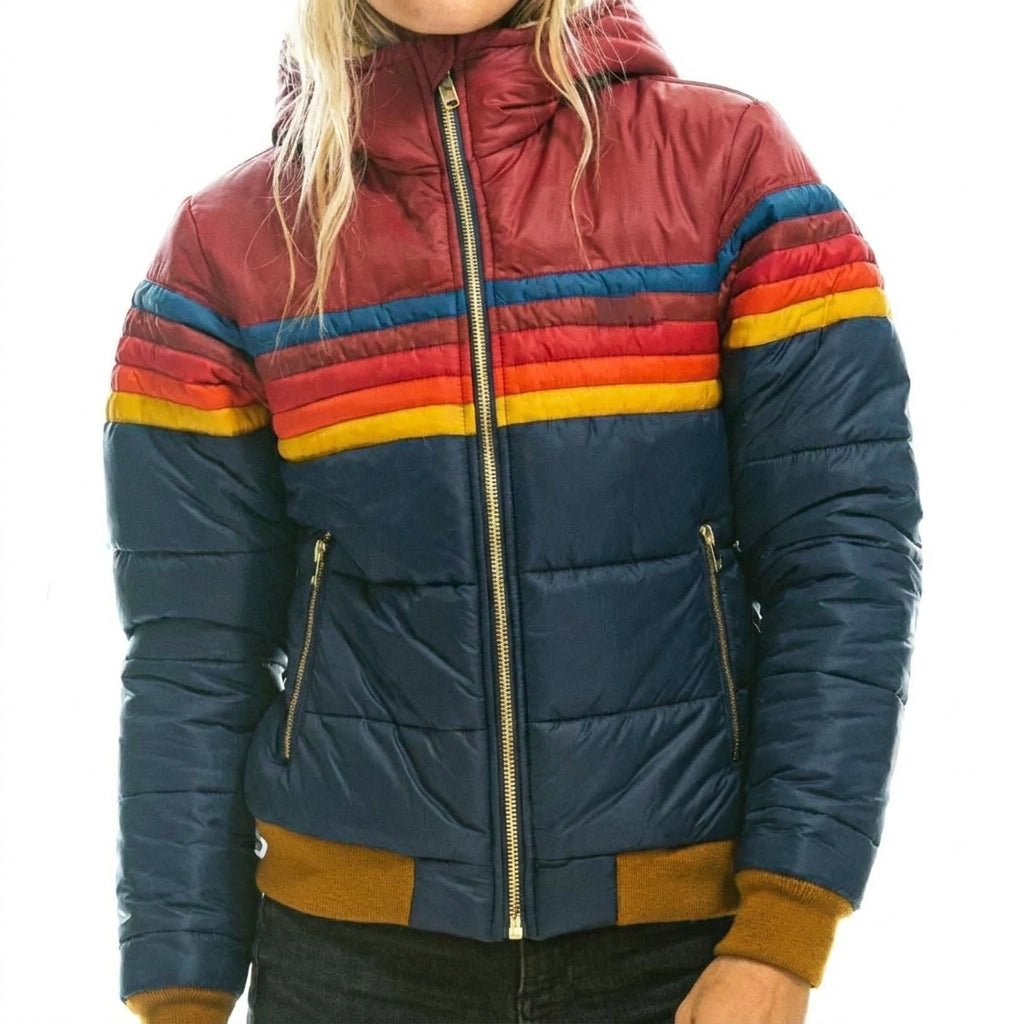Women's Hooded Puffer Jacket – Retro Striped Design for Winter Casual Wear - We are MFEO