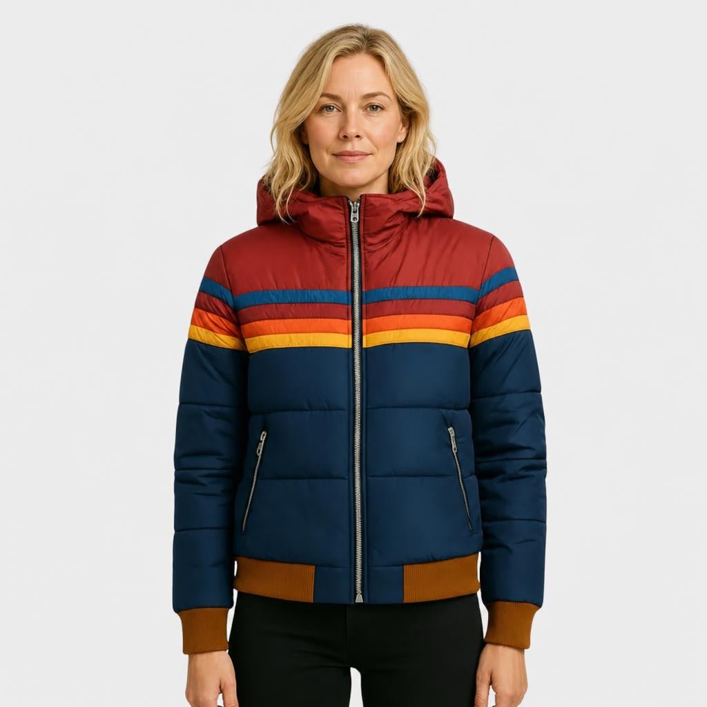 Women's Hooded Puffer Jacket – Retro Striped Design for Winter Casual Wear - We are MFEO