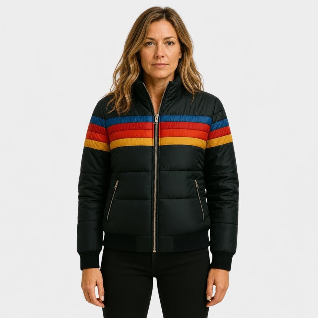 Women's Hooded Puffer Jacket – Retro Striped Design for Winter Casual Wear - We are MFEO