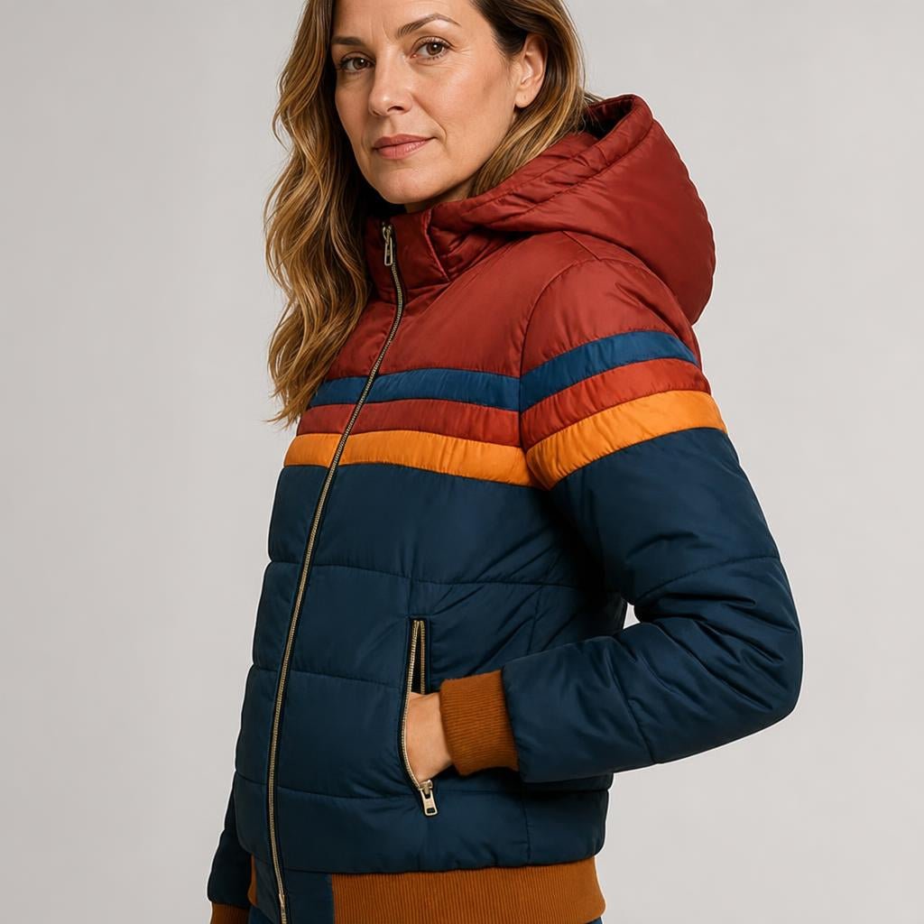 Women's Hooded Puffer Jacket – Retro Striped Design for Winter Casual Wear - We are MFEO
