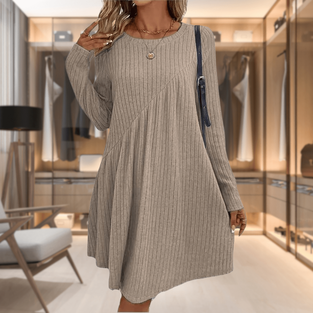 Women's Knit Maxi Dress with Long Sleeves – Ribbed A-Line Style
